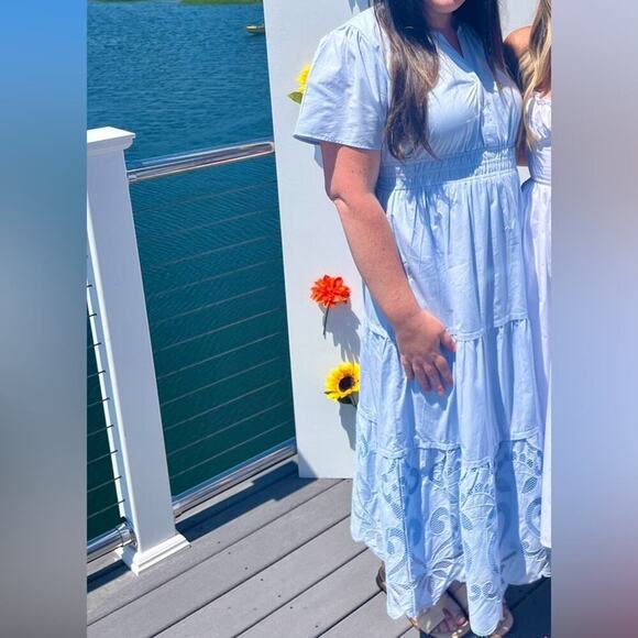 Chelsea And Theodore Eyelet Cotton Midi Dress, Short Sleeve, Bohemian Summer - Picture 7 of 7